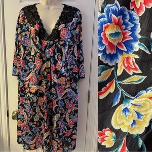 Vintage Vanity Fair Black Floral Button Up Robe House Coat Lace Trim Large
